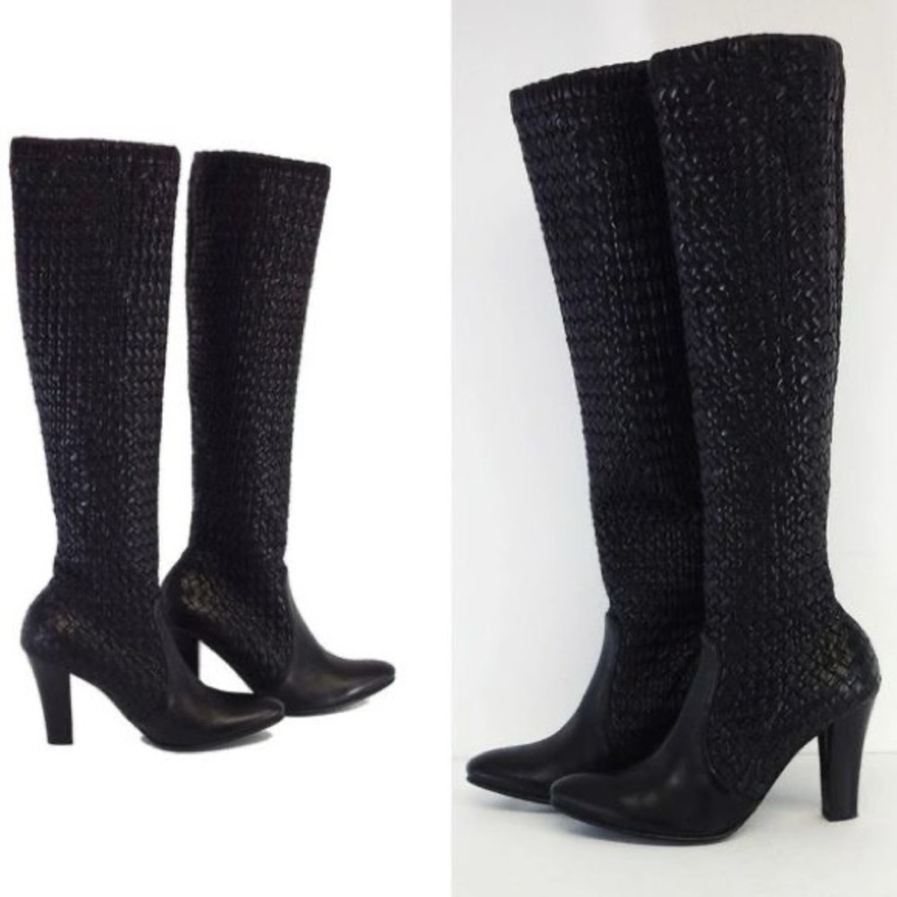 Authentic Bottega Veneta Black Intrecciato Woven Leather Boots - Size 38 (US 8)